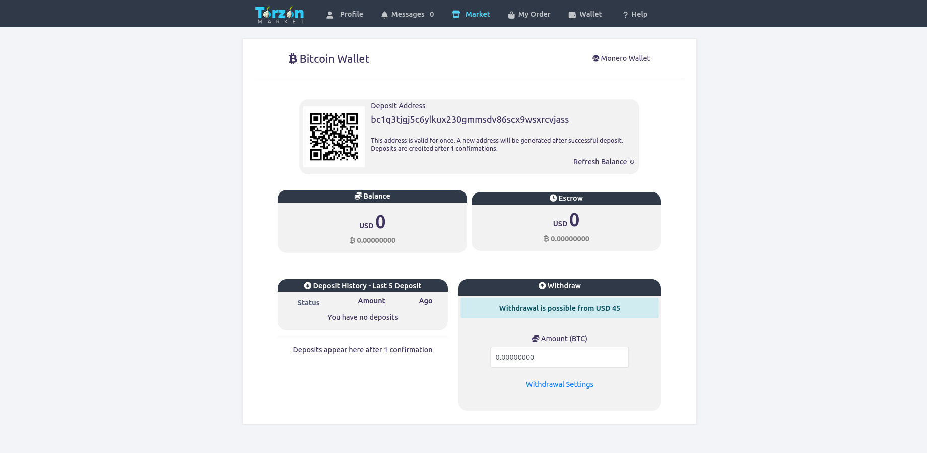 TorZon Market dashboard with category grid and vendor listings